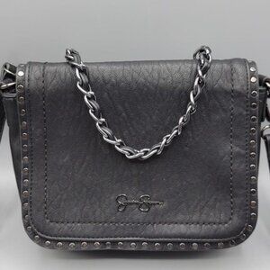 Jessica Simpson Black Leather Flap Messenger Bag w/ gunmetal chain & long strap